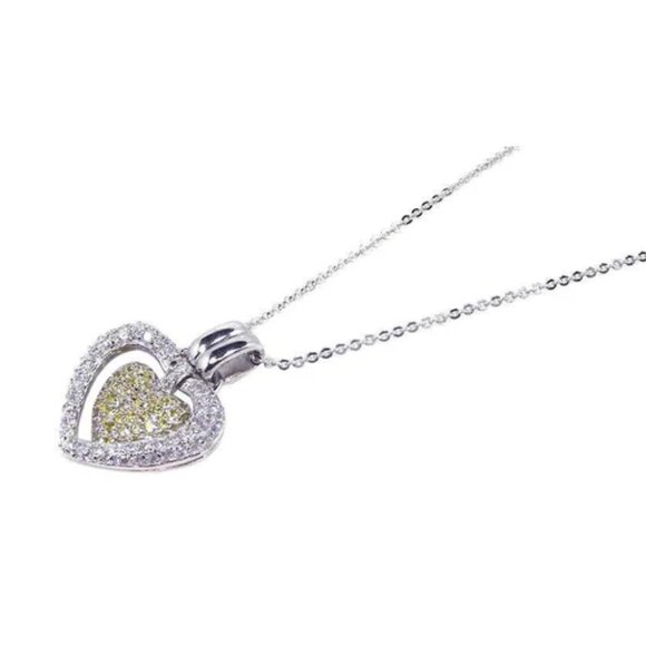 Silver 925 Clear Yellow CZ Rhodium Plated Double Heart Pendant Necklace
